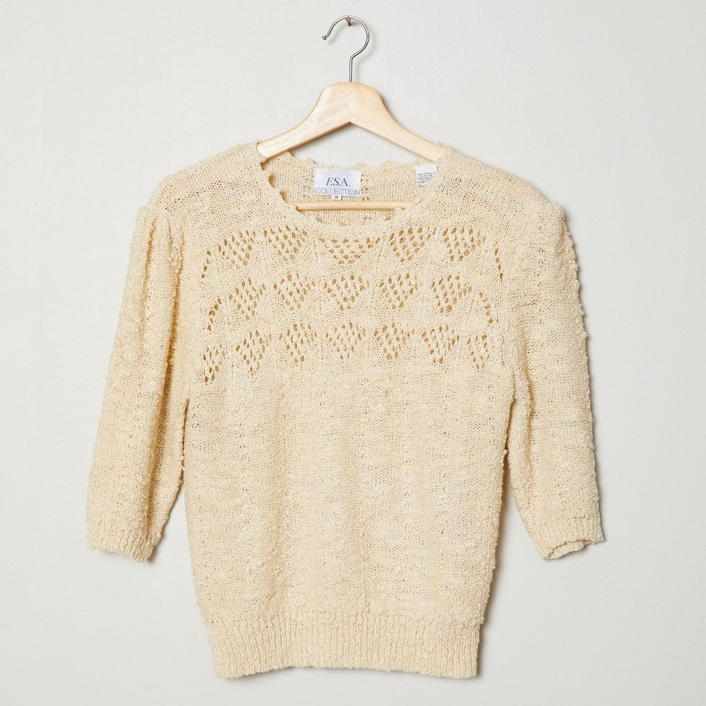 Vtg 80s Cream Scallop Knit Top M